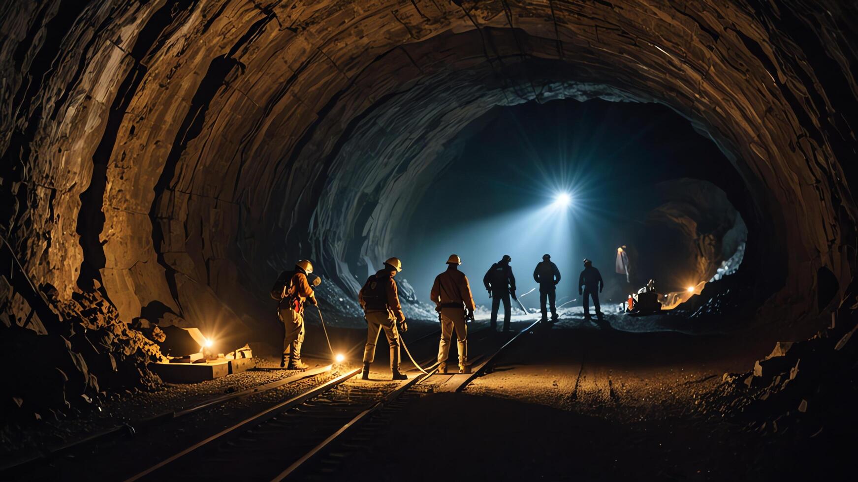 a group of mine workers, mining activity in a tunnel photo