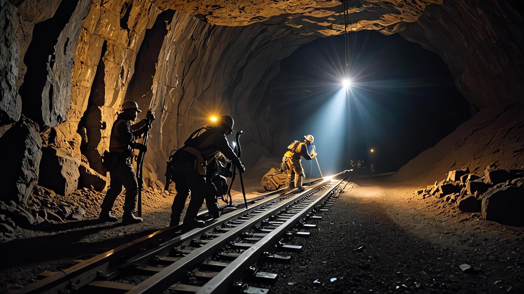 a group of mine workers, mining activity in a tunnel photo