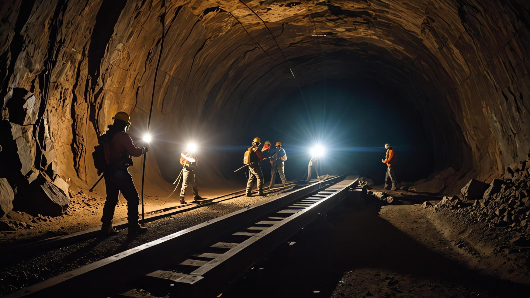 a group of mine workers, mining activity in a tunnel photo
