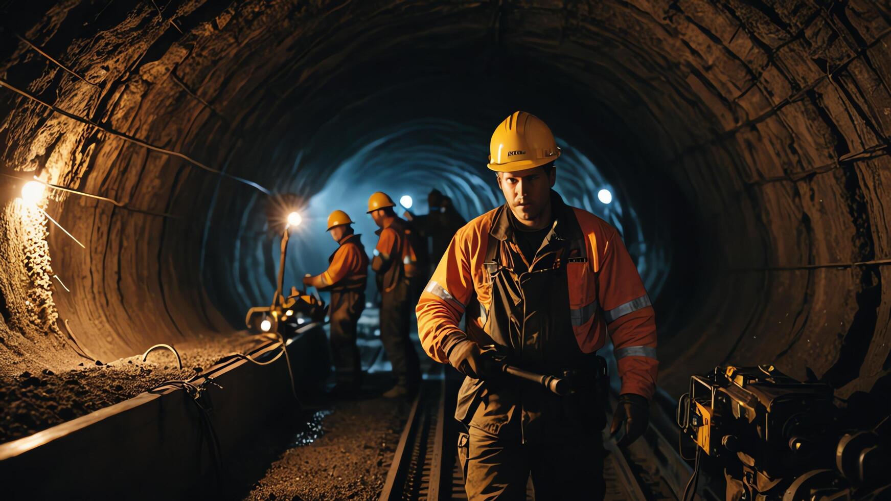 a group of mine workers, mining activity in a tunnel photo