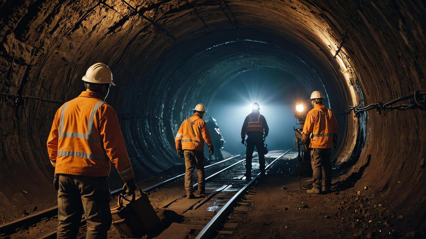 a group of mine workers, mining activity in a tunnel photo