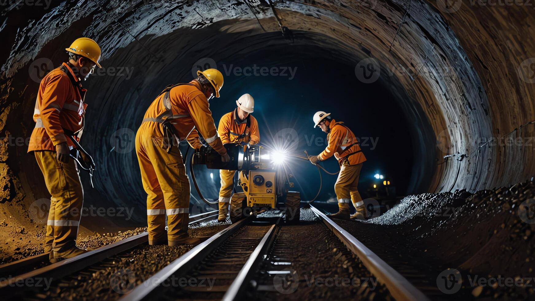 a group of mine workers, mining activity in a tunnel photo
