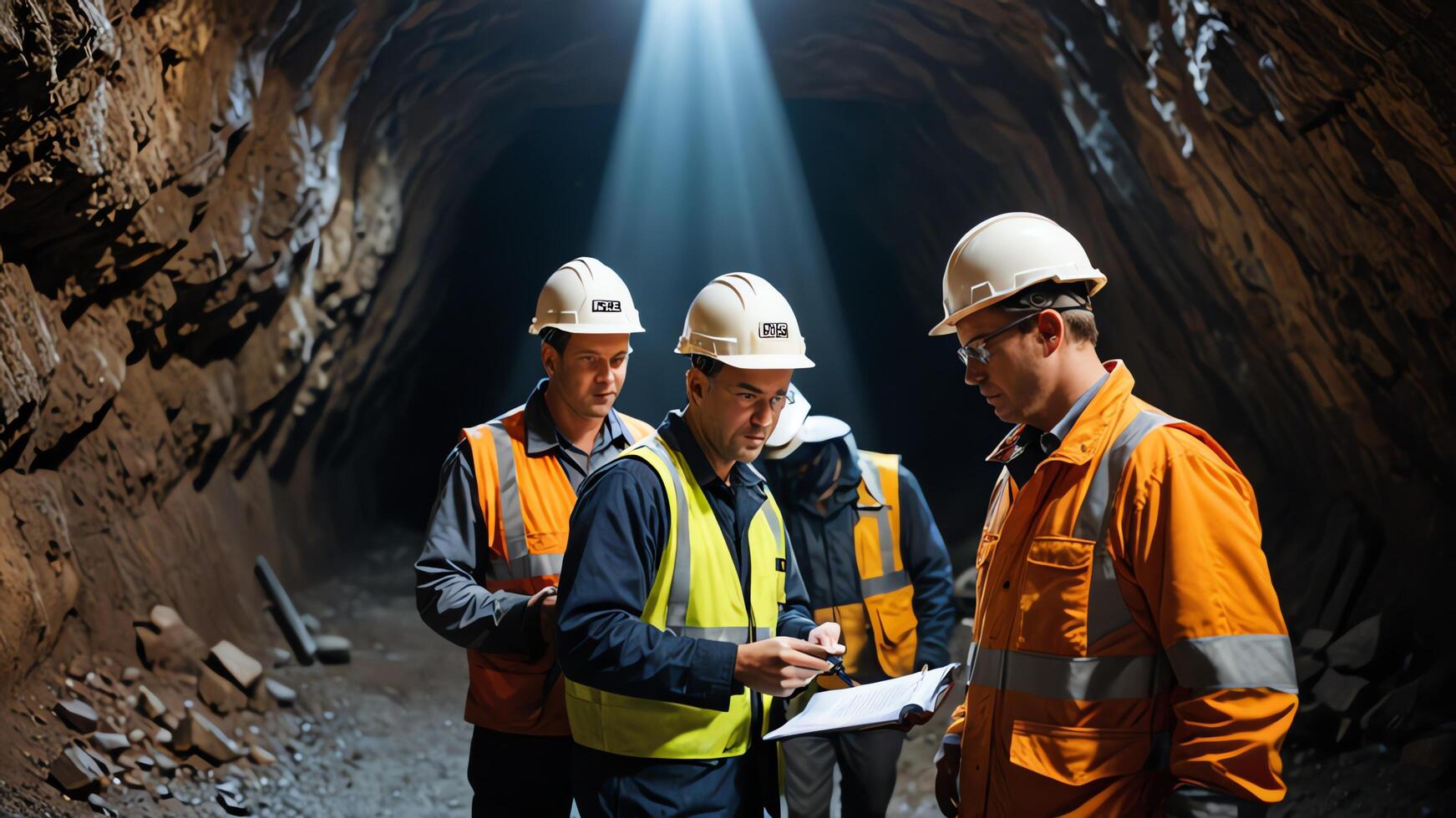a group of mine workers, mining activity in a tunnel photo