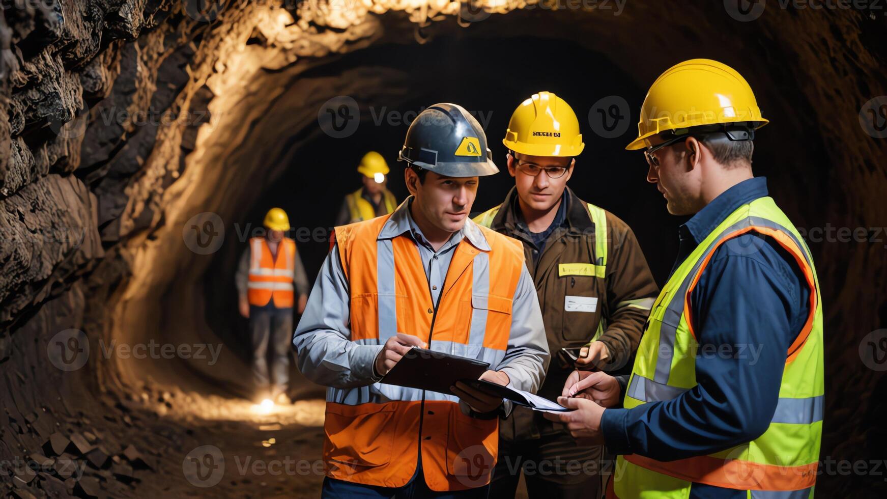 a group of mine workers, mining activity in a tunnel photo