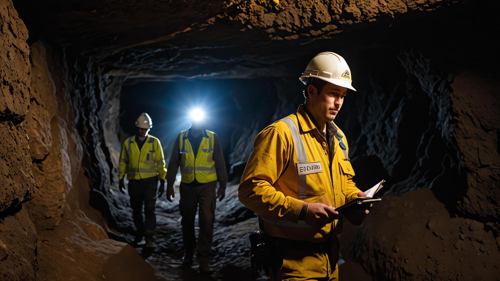 a group of mine workers, mining activity in a tunnel photo