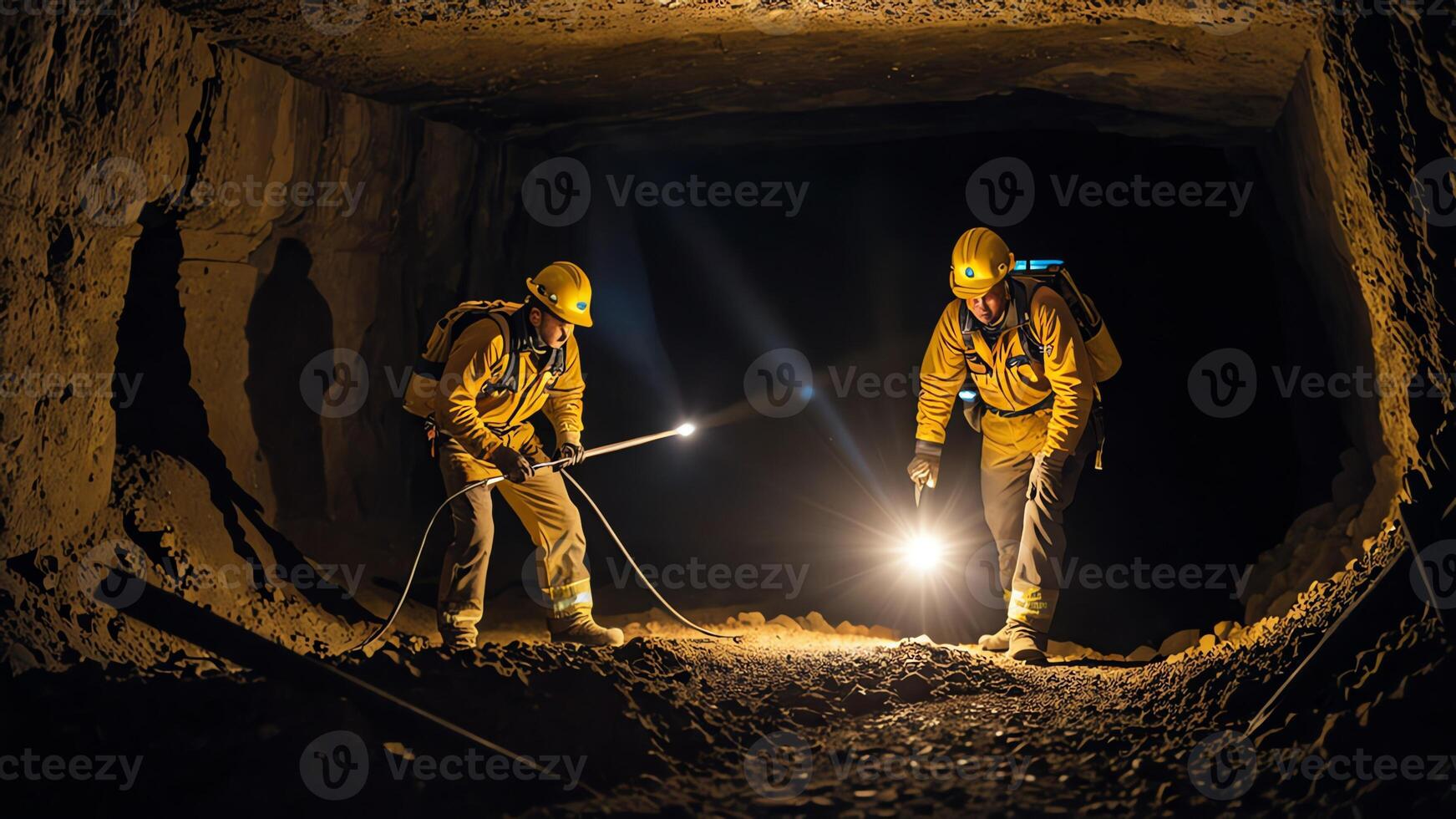a group of mine workers, mining activity in a tunnel photo