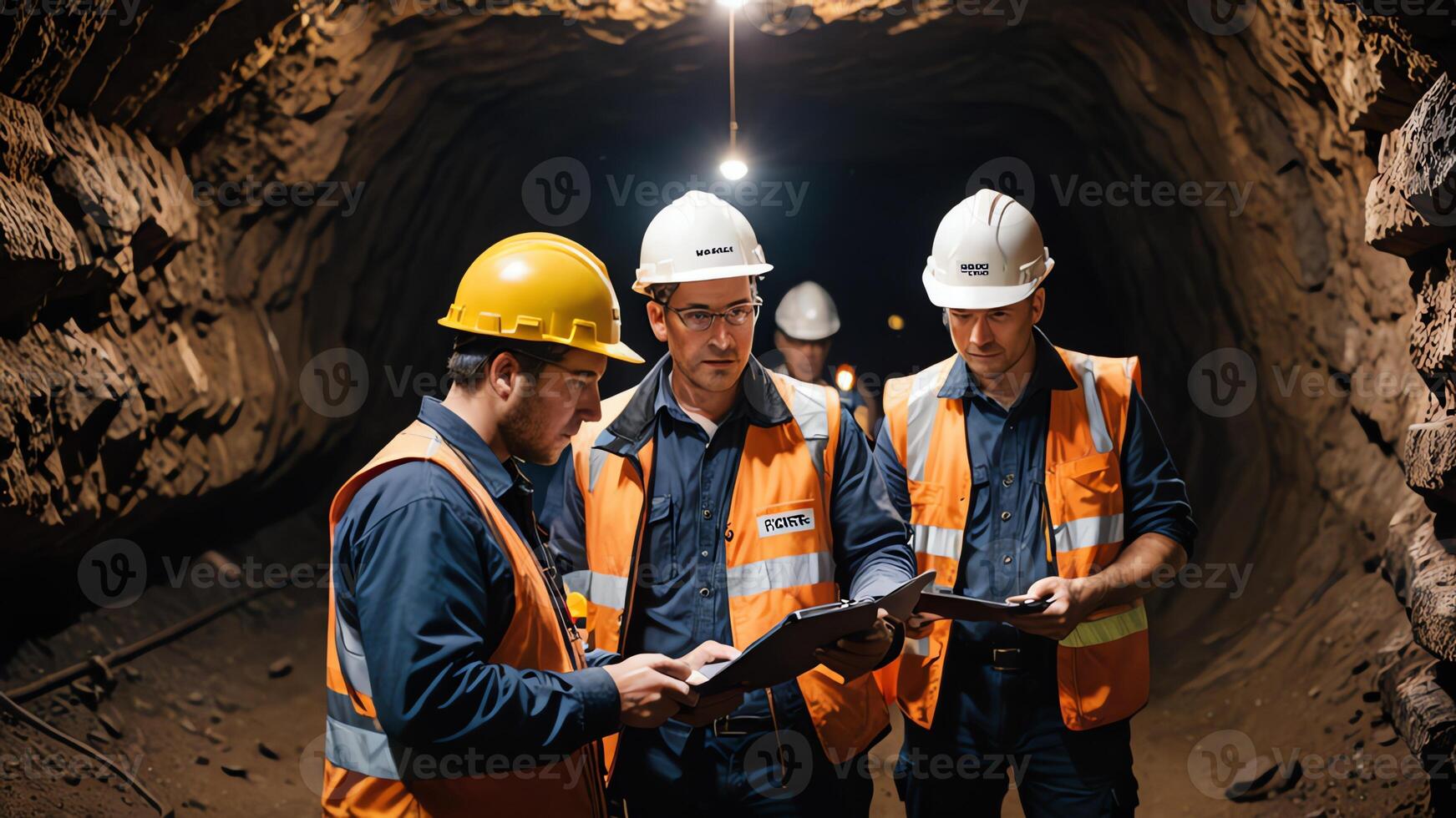 a group of mine workers, mining activity in a tunnel photo
