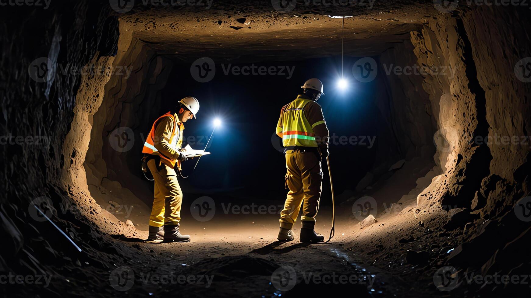 a group of mine workers, mining activity in a tunnel photo