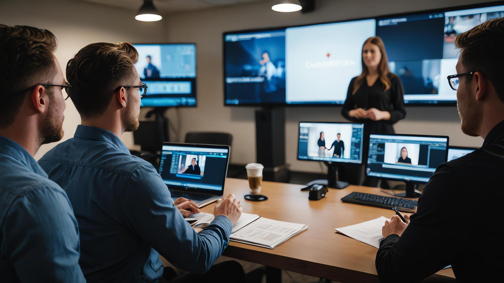 men working on computers in an office photo