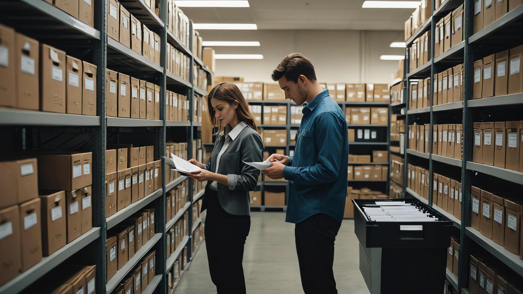 people in the document room office are looking at documents photo
