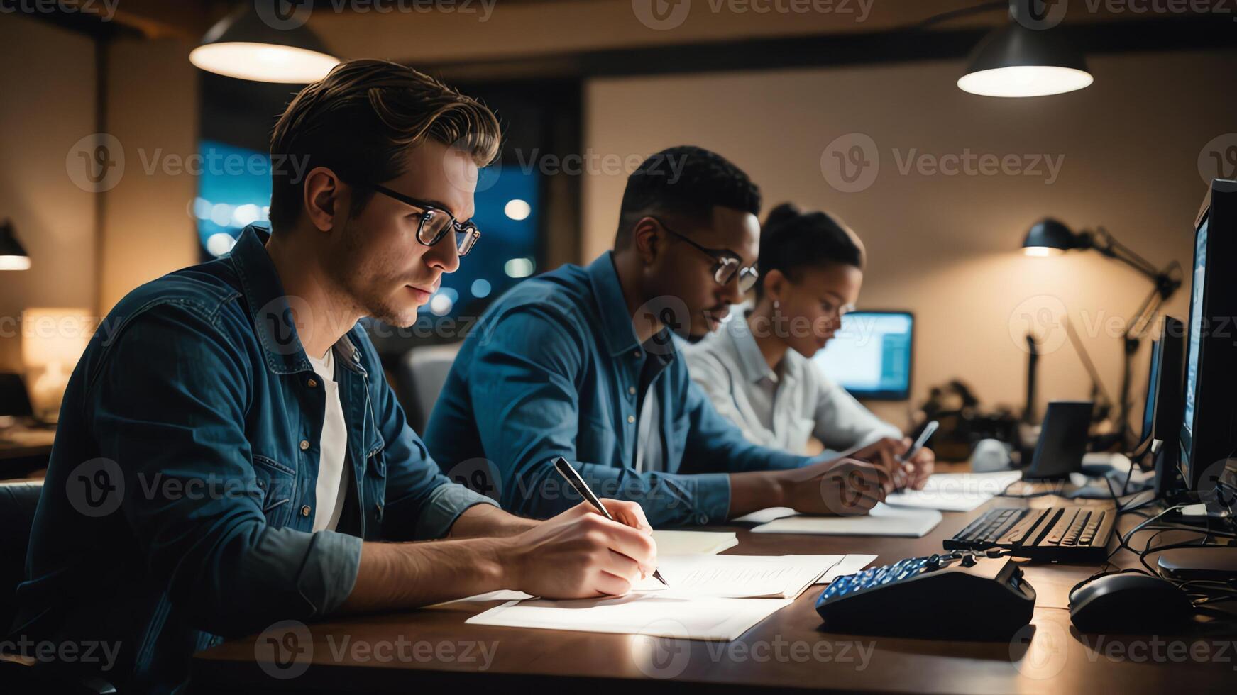 men working on computers in an office photo