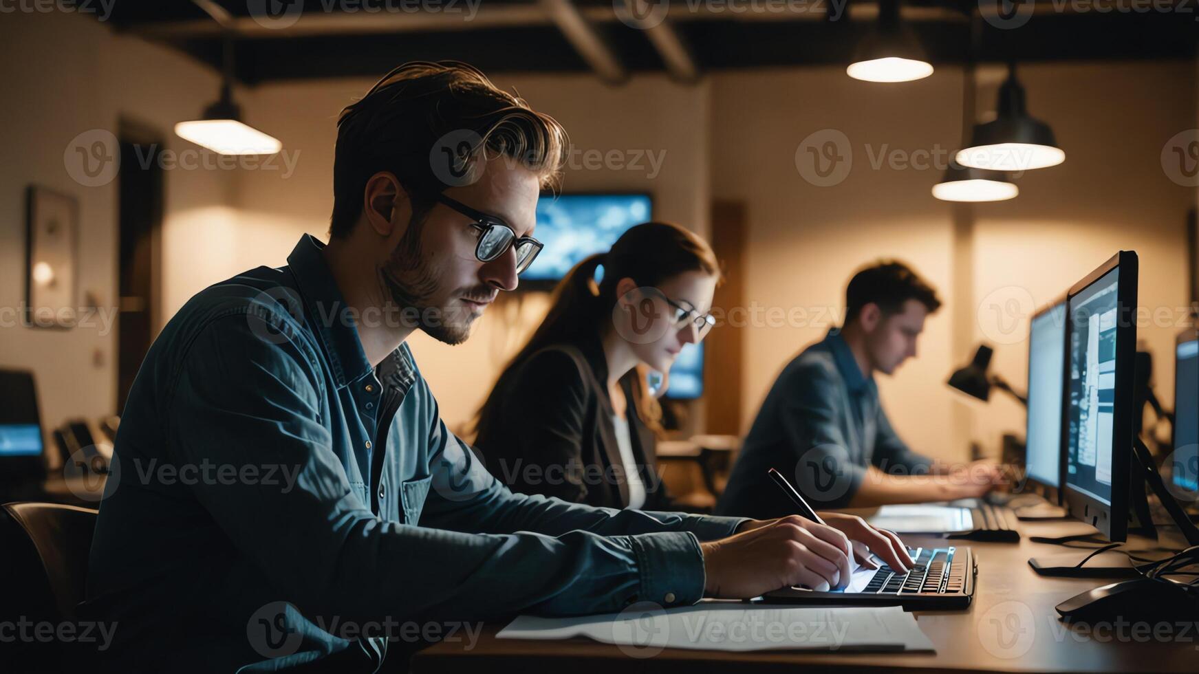 men working on computers in an office photo