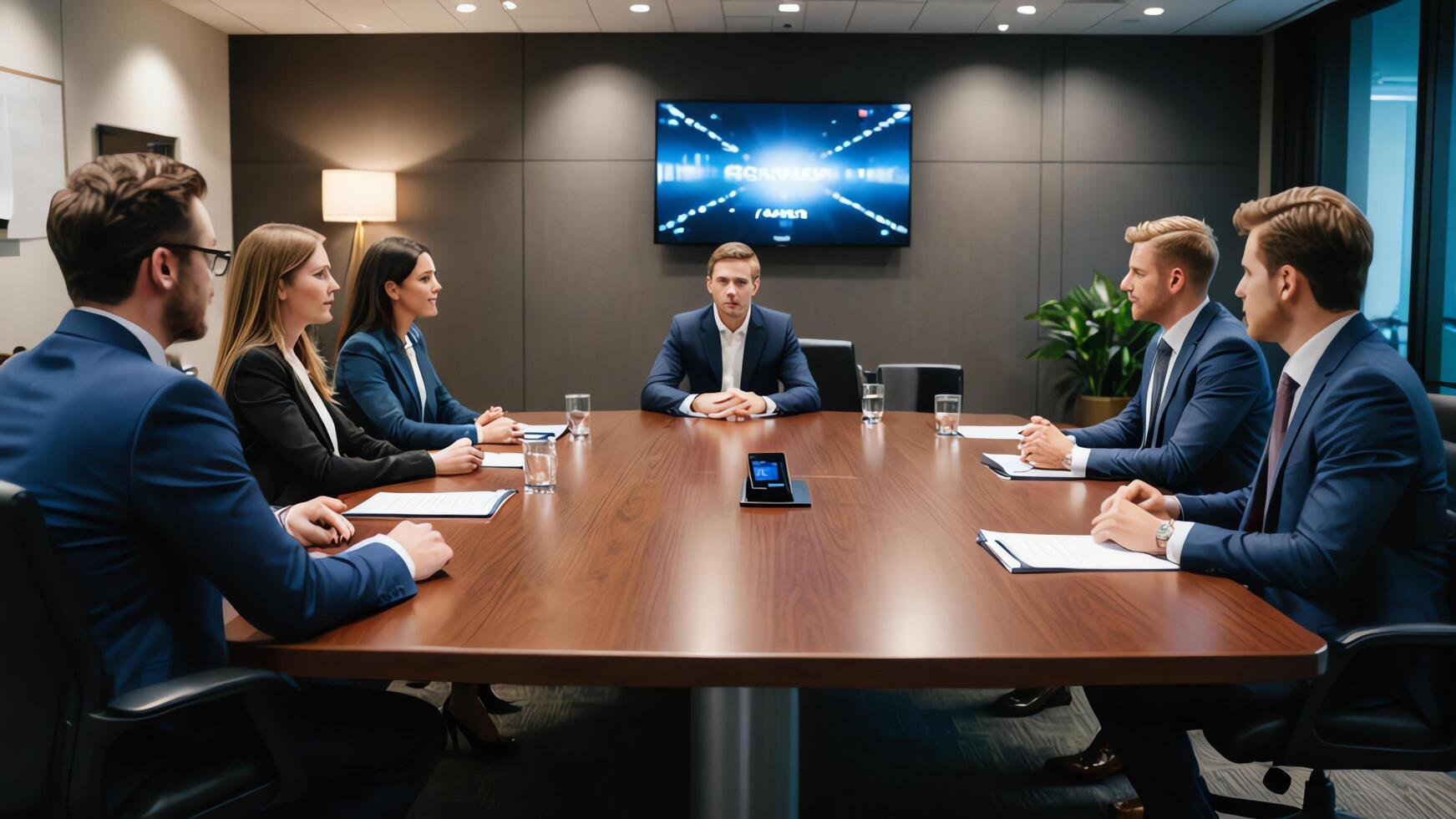 business people sitting around a conference table photo