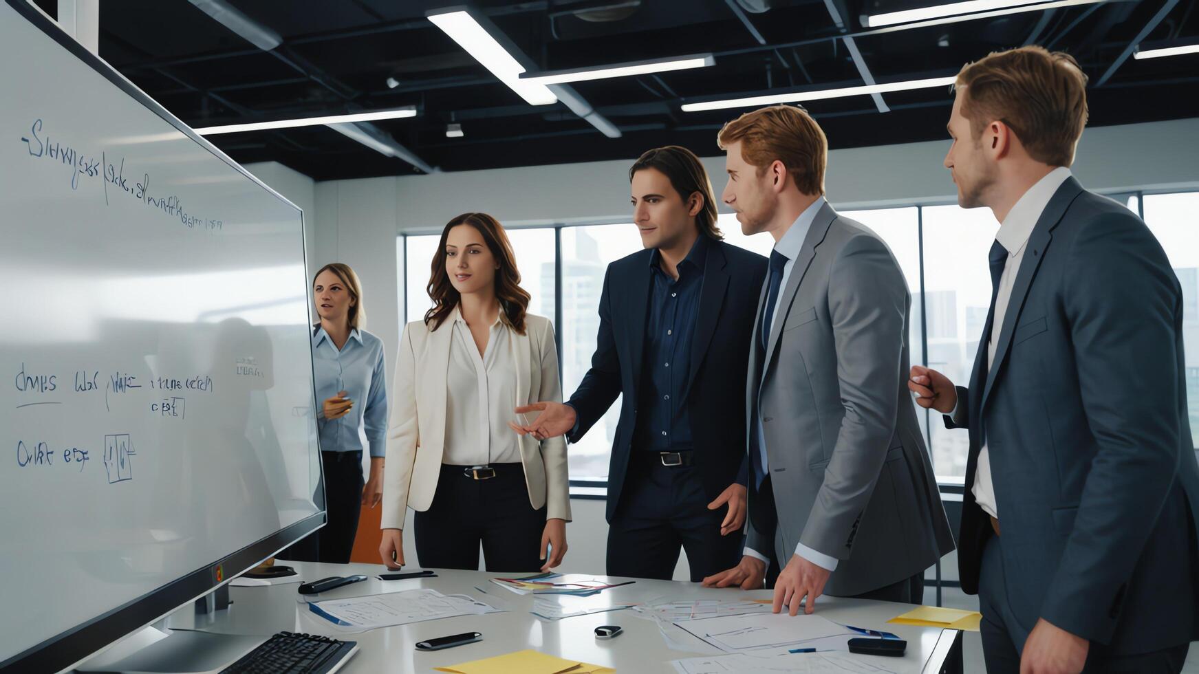 a group of business people in a meeting room photo