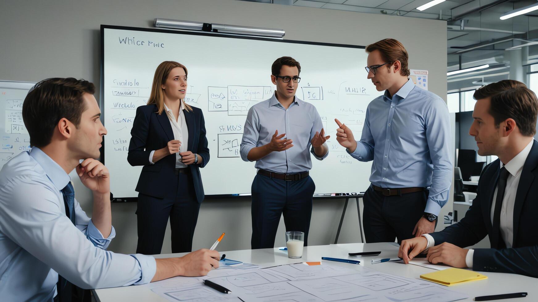 a group of business people in a meeting room photo
