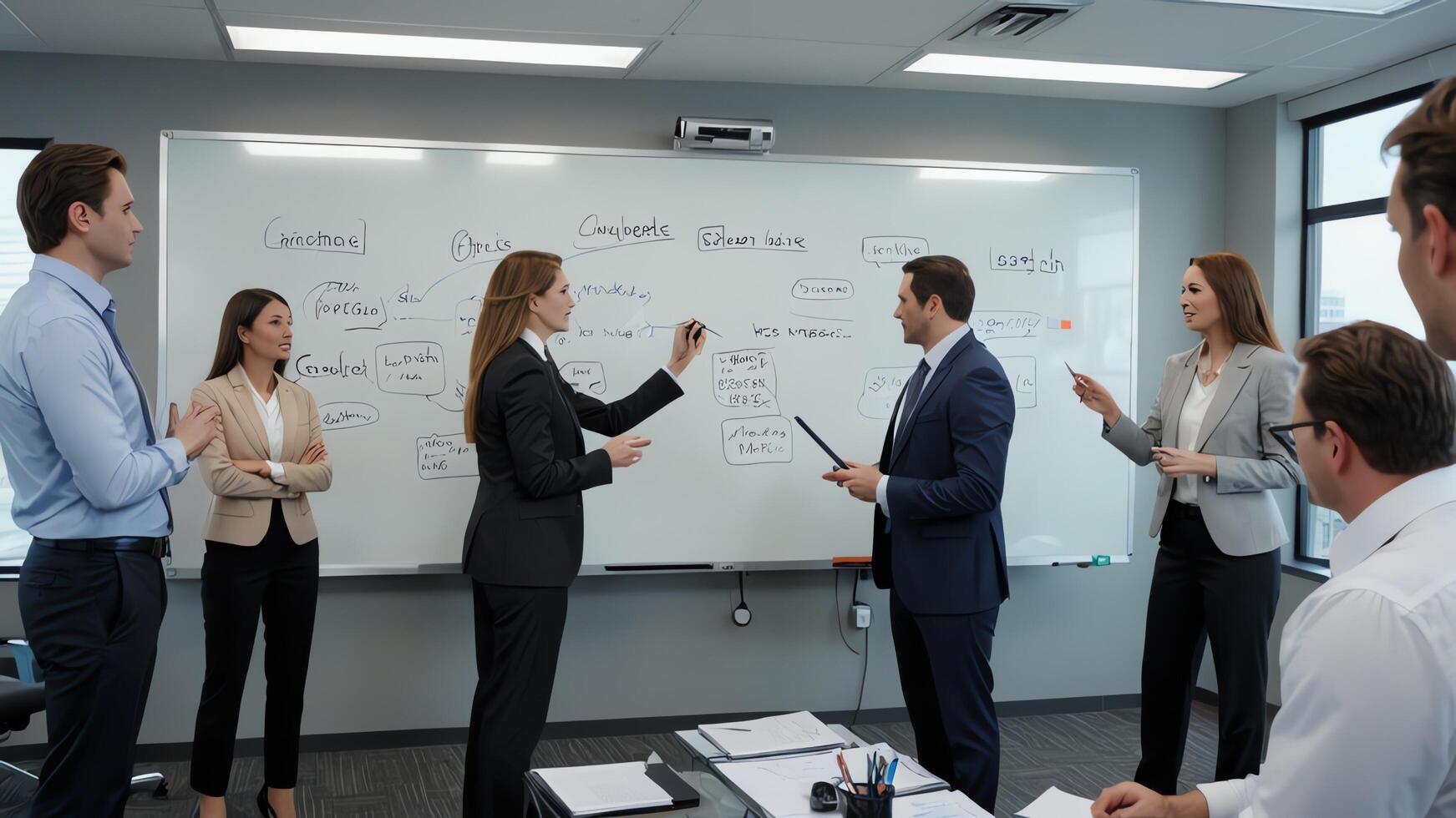 a group of business people in a meeting room photo