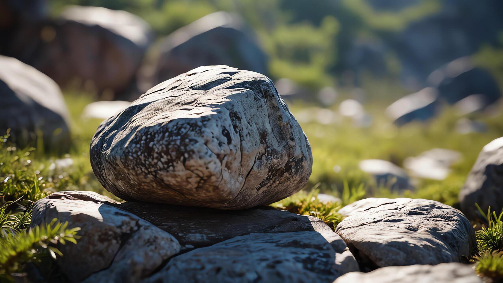 a rock with grass growing on it in the grass photo
