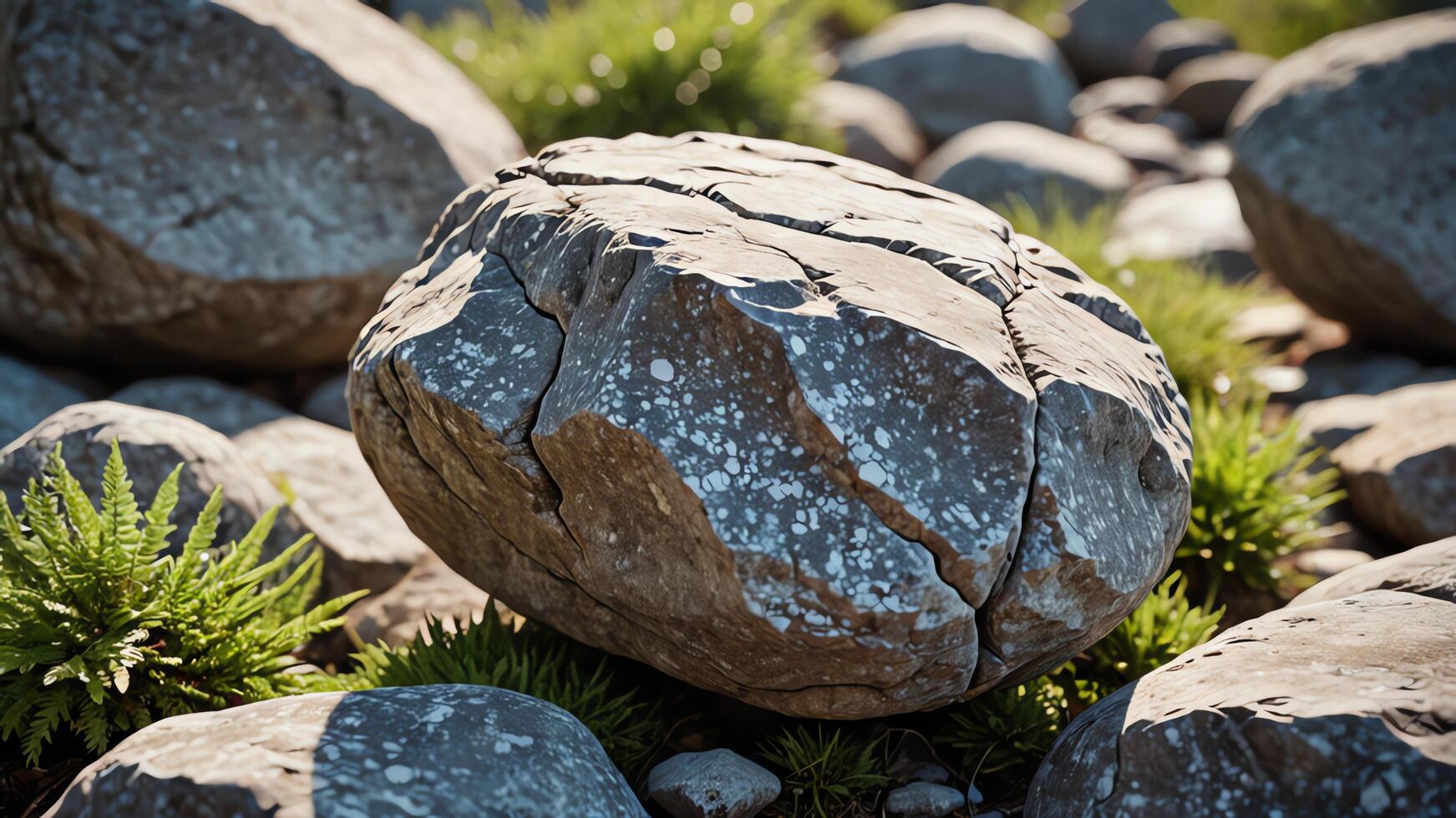 a rock with grass growing on it in the grass photo
