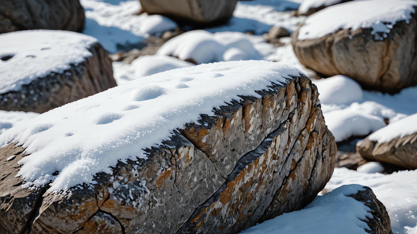 snow covered rocks in the middle of a snowy field photo