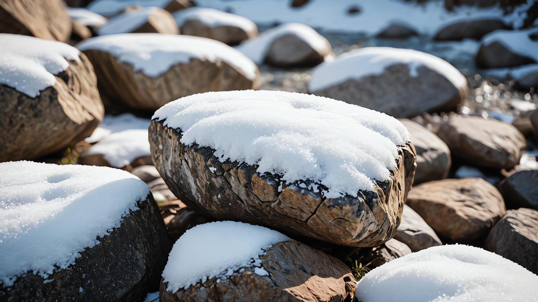 snow covered rocks in the middle of a snowy field photo