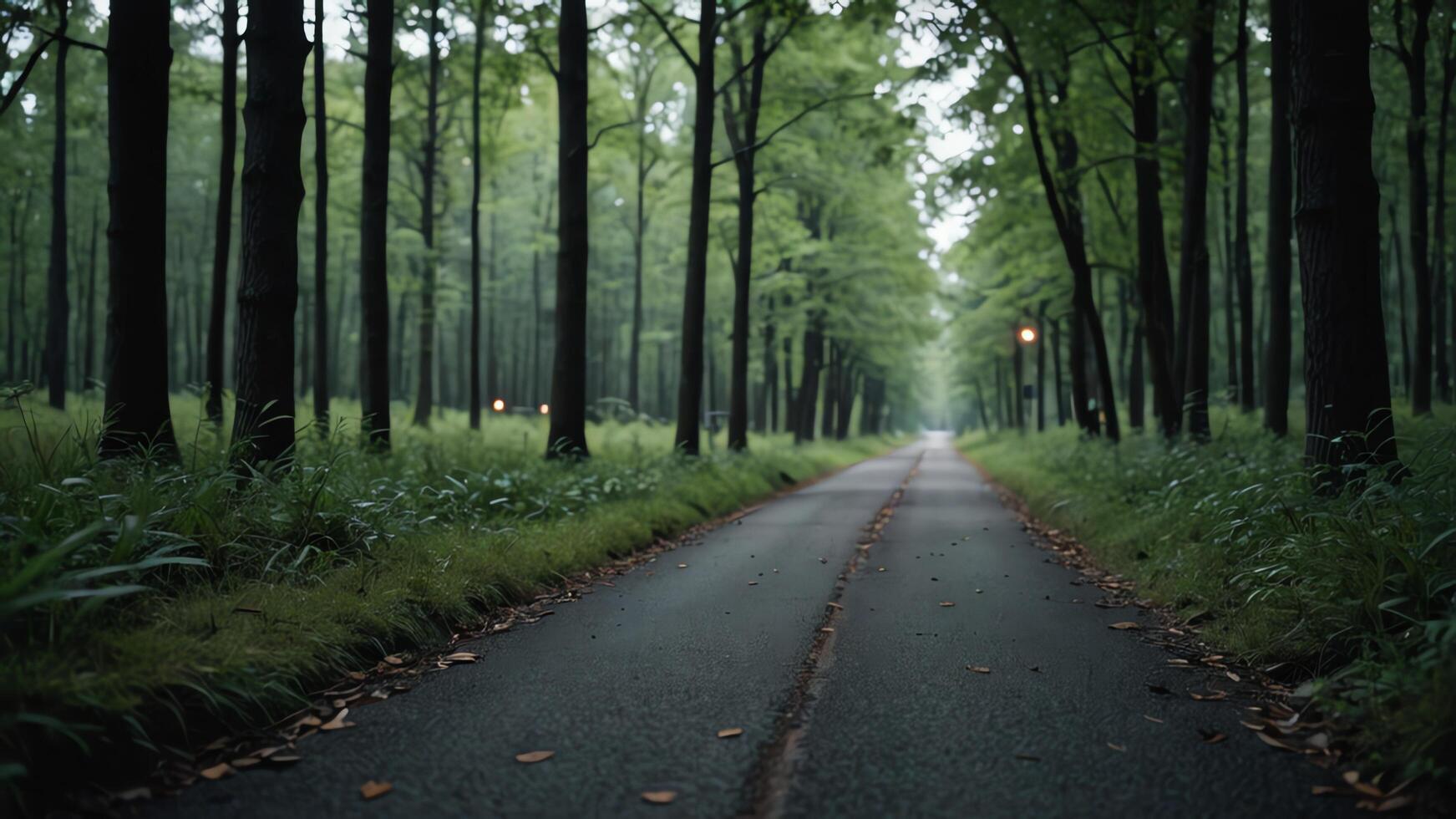 a wet road surrounded by trees forest photo