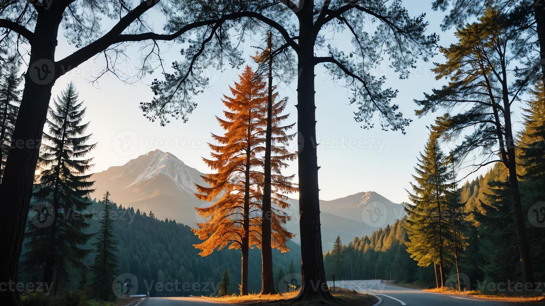 a road with trees and mountains in the background photo