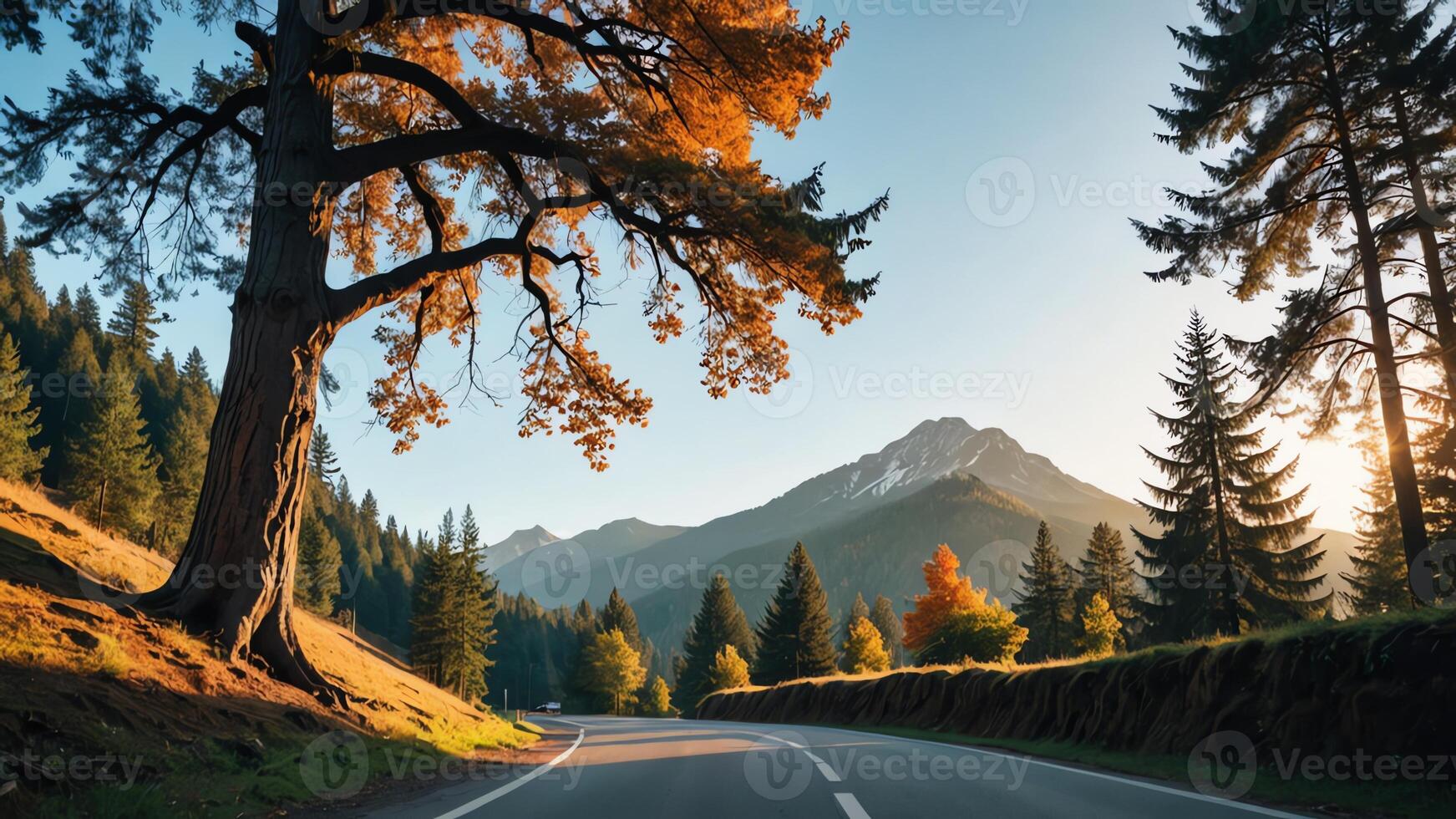 a road with trees and mountains in the background photo