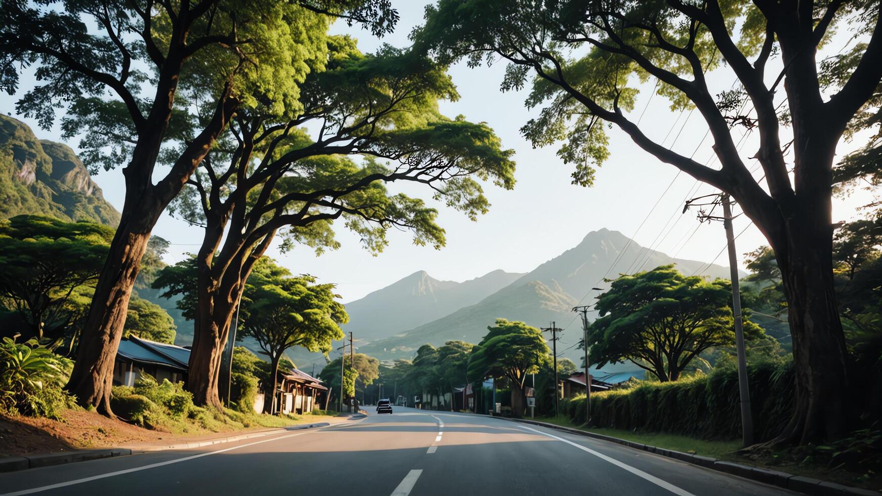 view of a quiet road in the middle of a forest with trees, shining sun, and beautiful mountain views photo