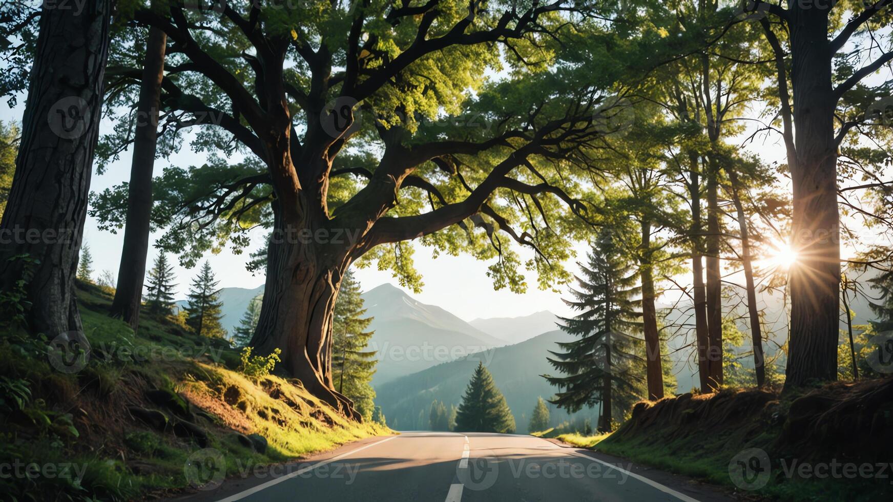 view of a quiet road in the middle of a forest with trees, shining sun, and beautiful mountain views photo