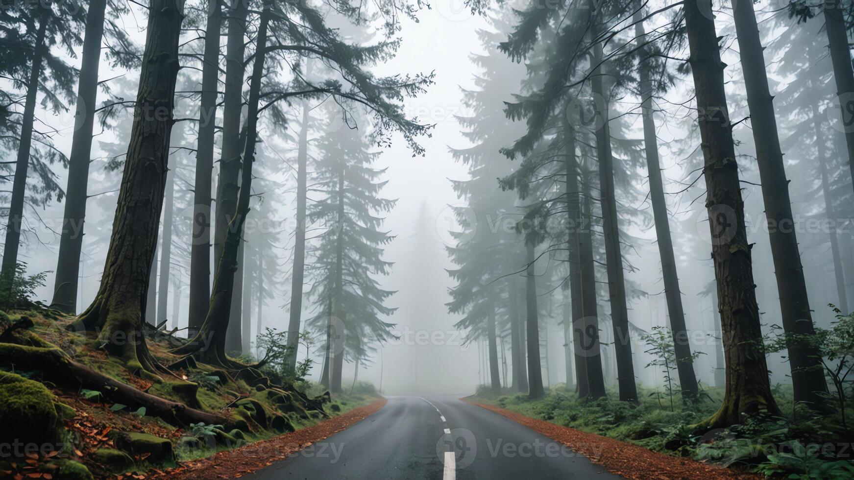 view of a quiet road in the middle of a forest with trees and fog photo