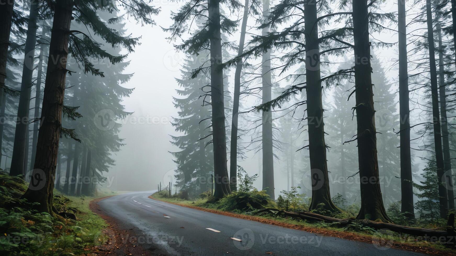 view of a quiet road in the middle of a forest with trees and fog photo
