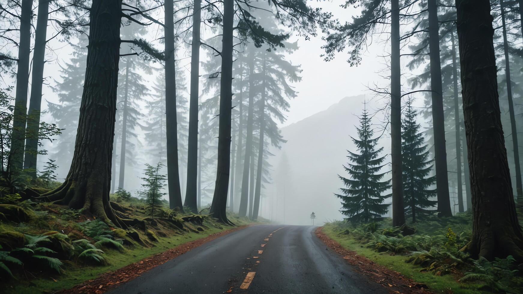 view of a quiet road in the middle of a forest with trees and fog photo