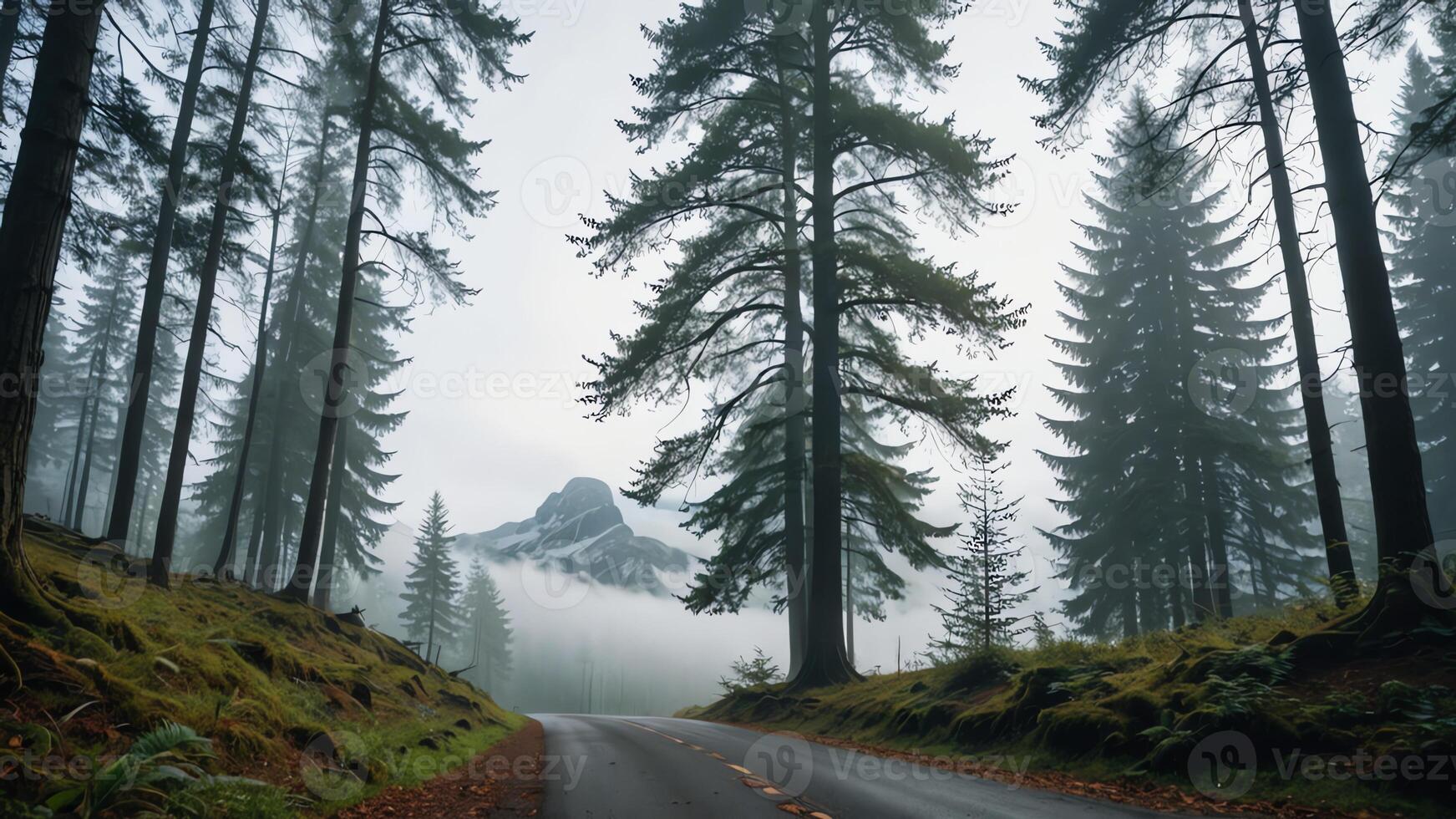 view of a quiet road in the middle of a forest with trees and fog photo