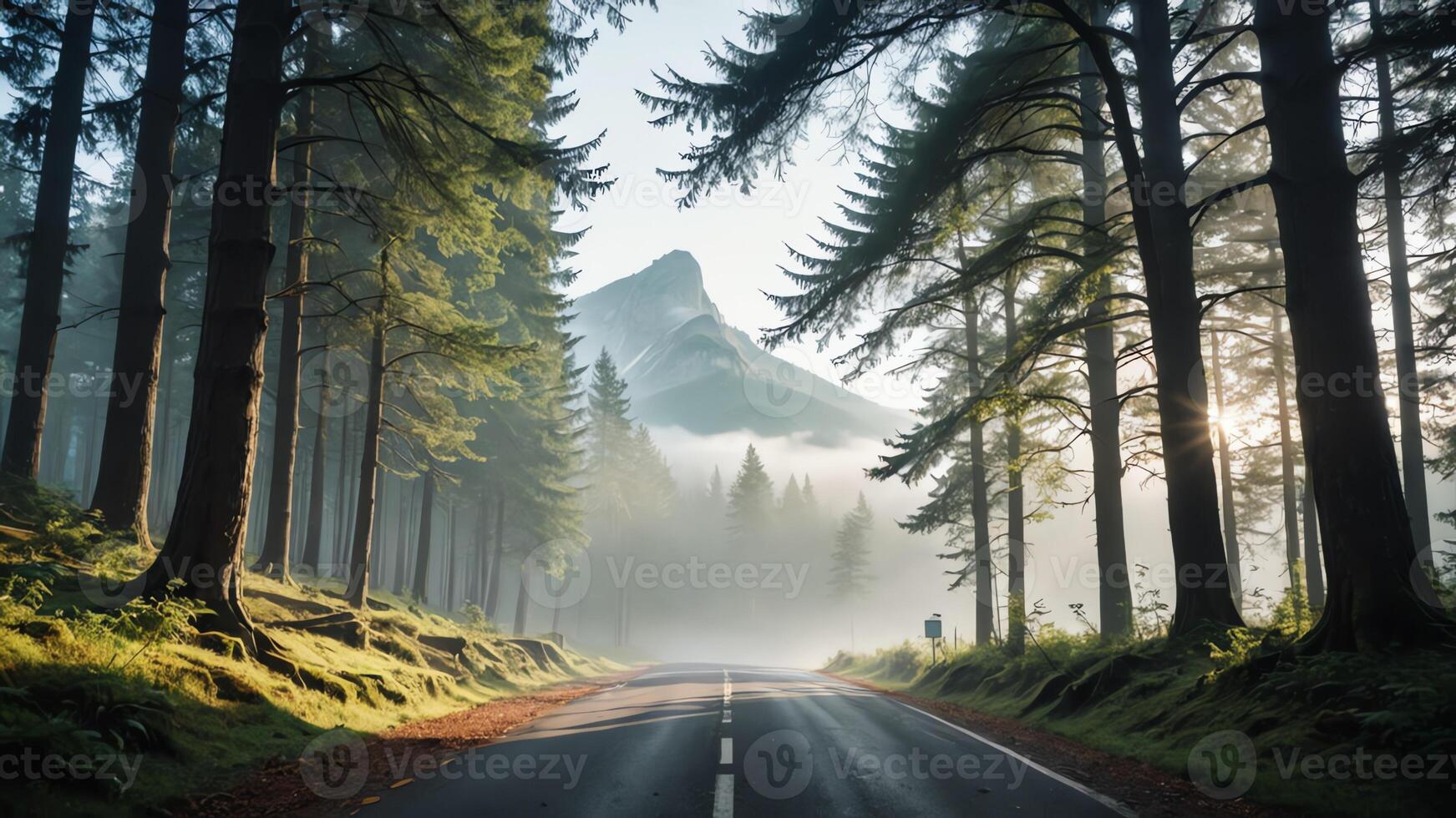 view of a quiet road in the middle of a forest with trees, shining sun, and beautiful mountain views photo