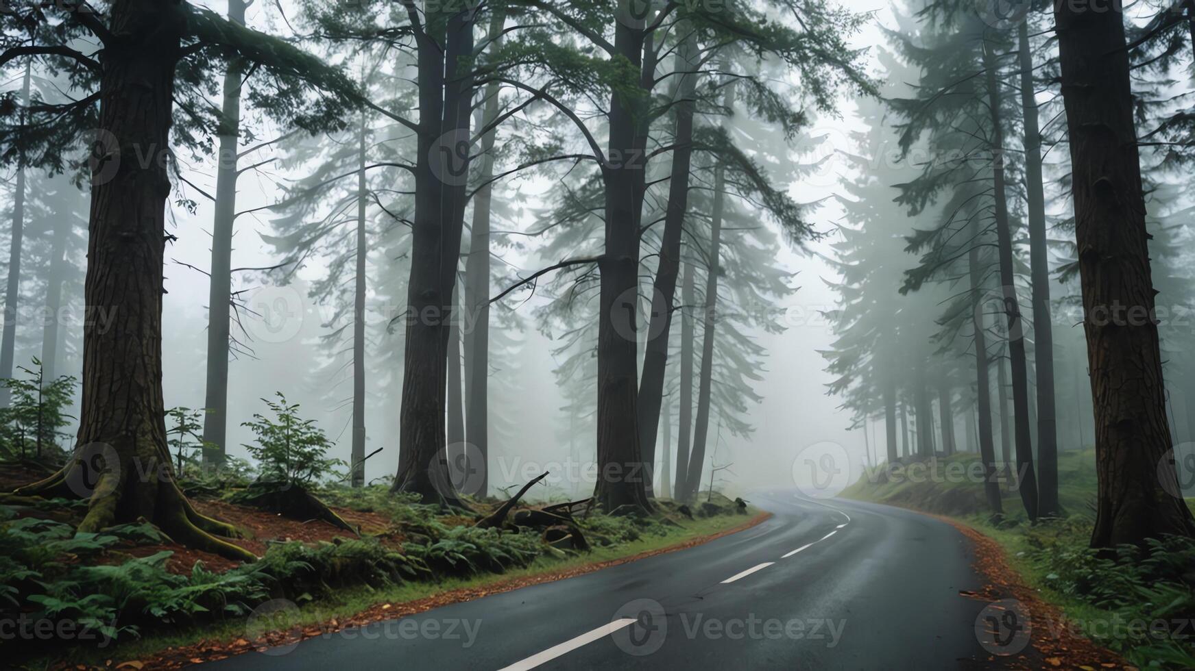 view of a quiet road in the middle of a forest with trees and fog photo