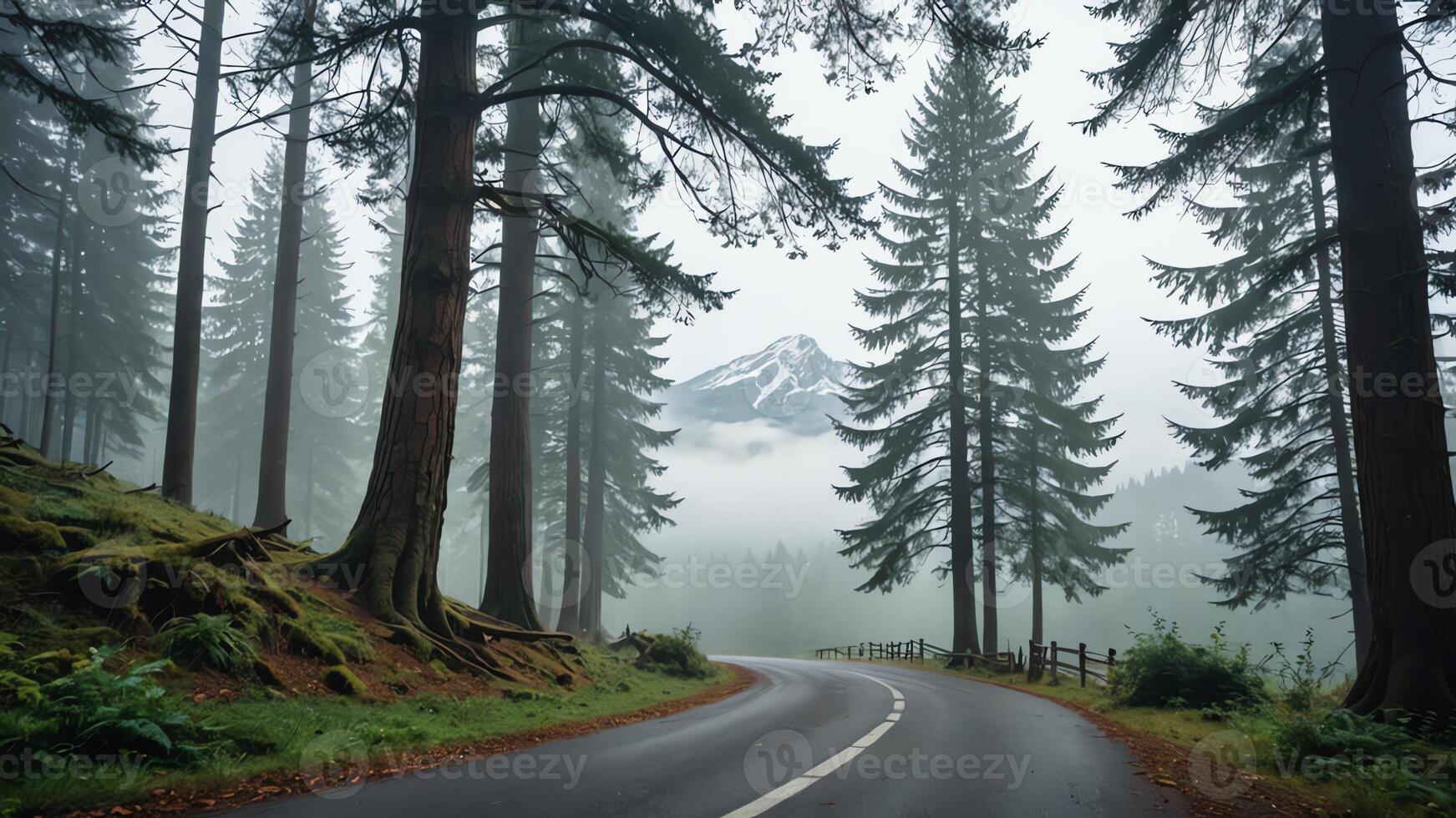 view of a quiet road in the middle of a forest with trees and fog photo