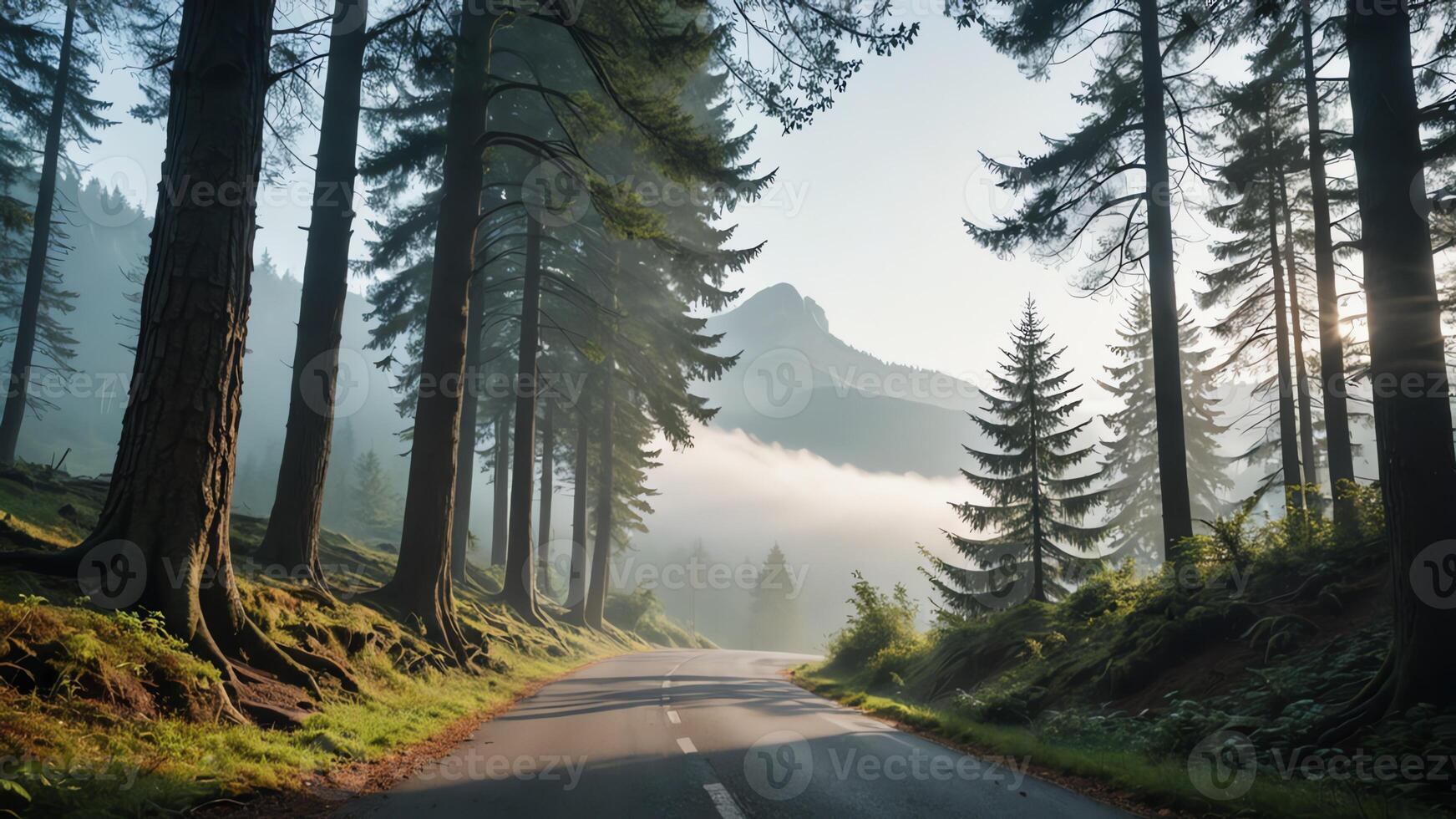 view of a quiet road in the middle of a forest with trees, shining sun, and beautiful mountain views photo