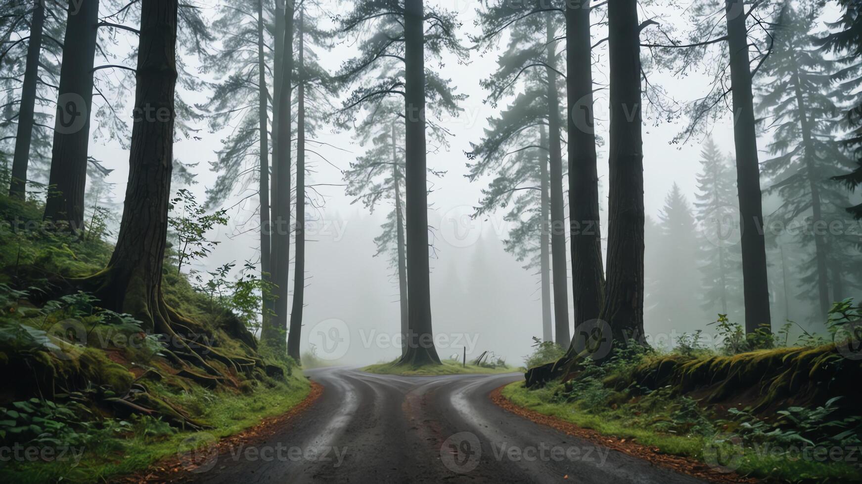 view of a quiet road in the middle of a forest with trees and fog photo