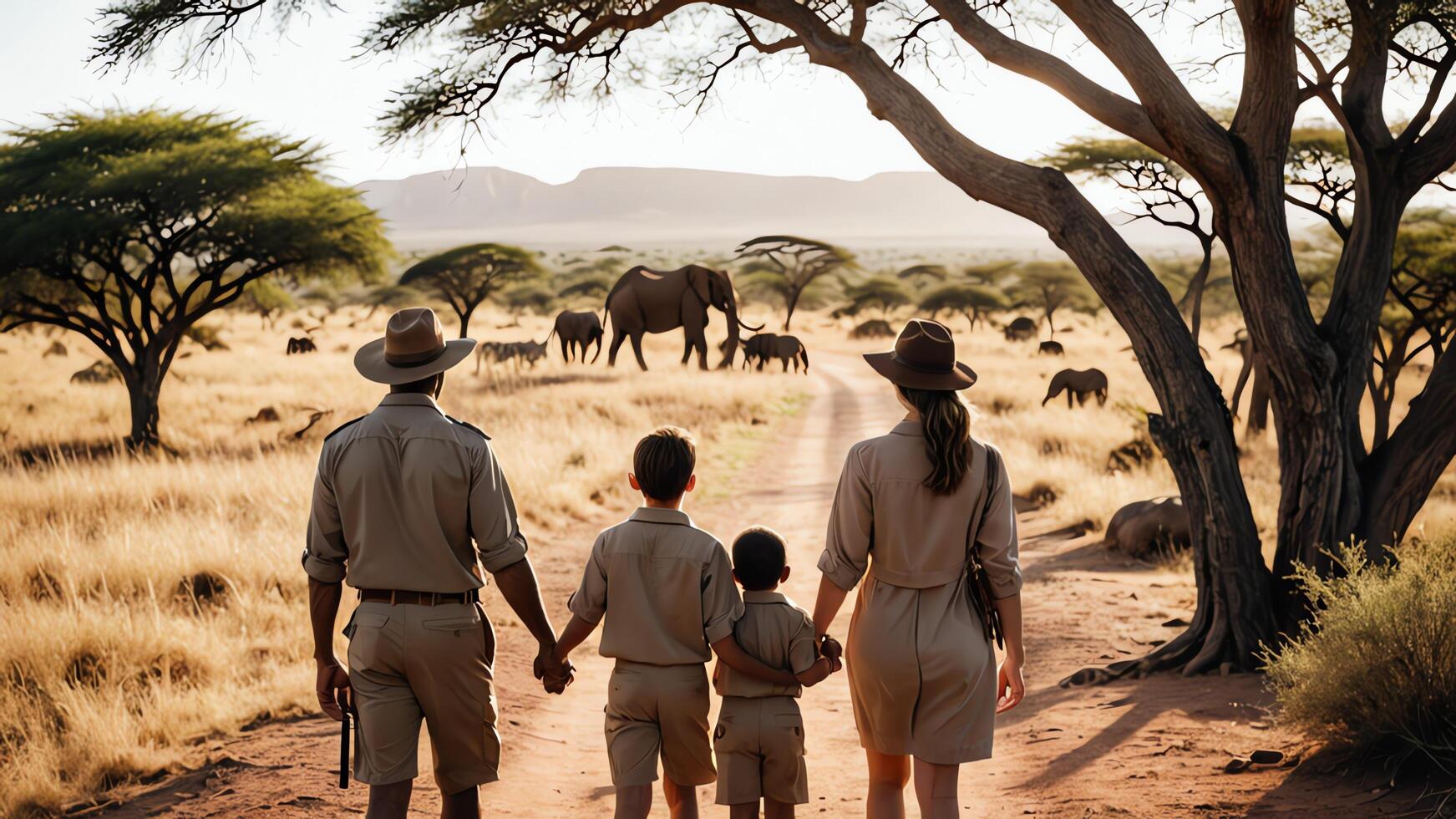 family enjoying the natural view of the savanna photo