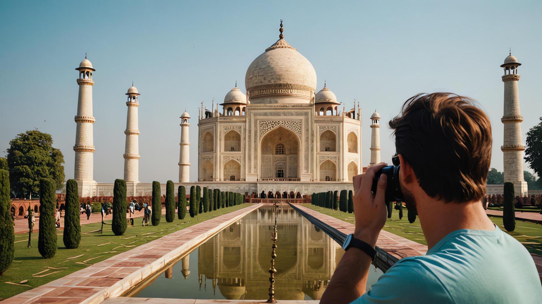 taking a photo of the taj mahal