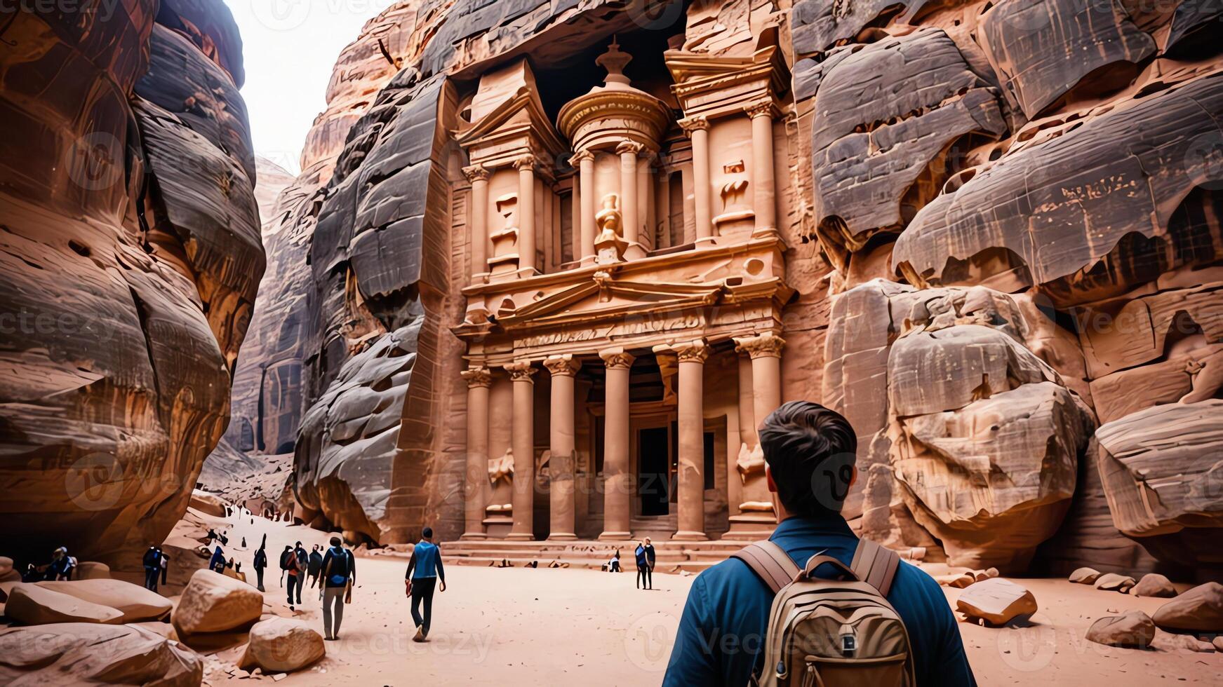 a man with a backpack standing in front of petra ancient photo