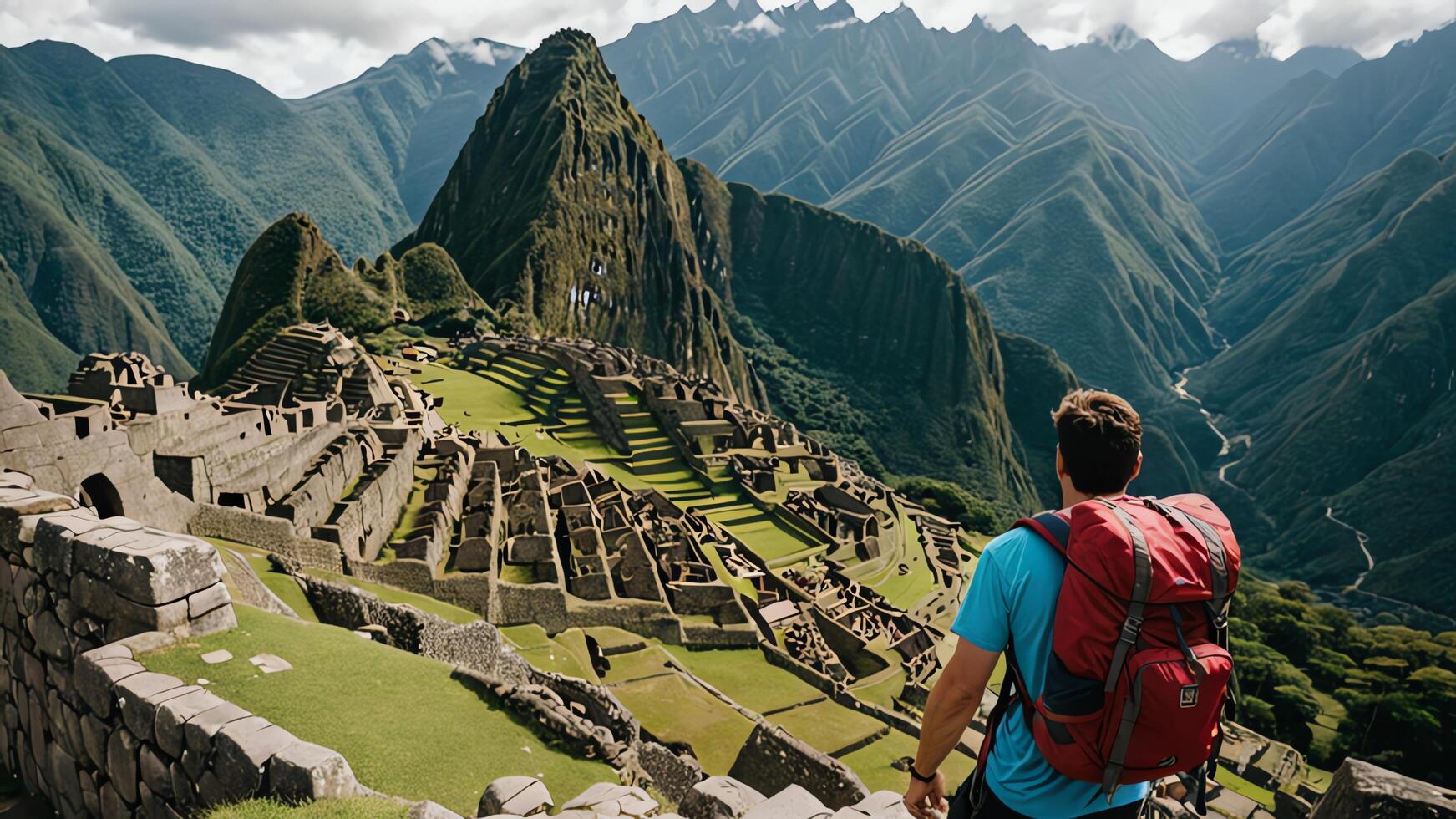 a man with a backpack looking at the ruins of machu picchu photo