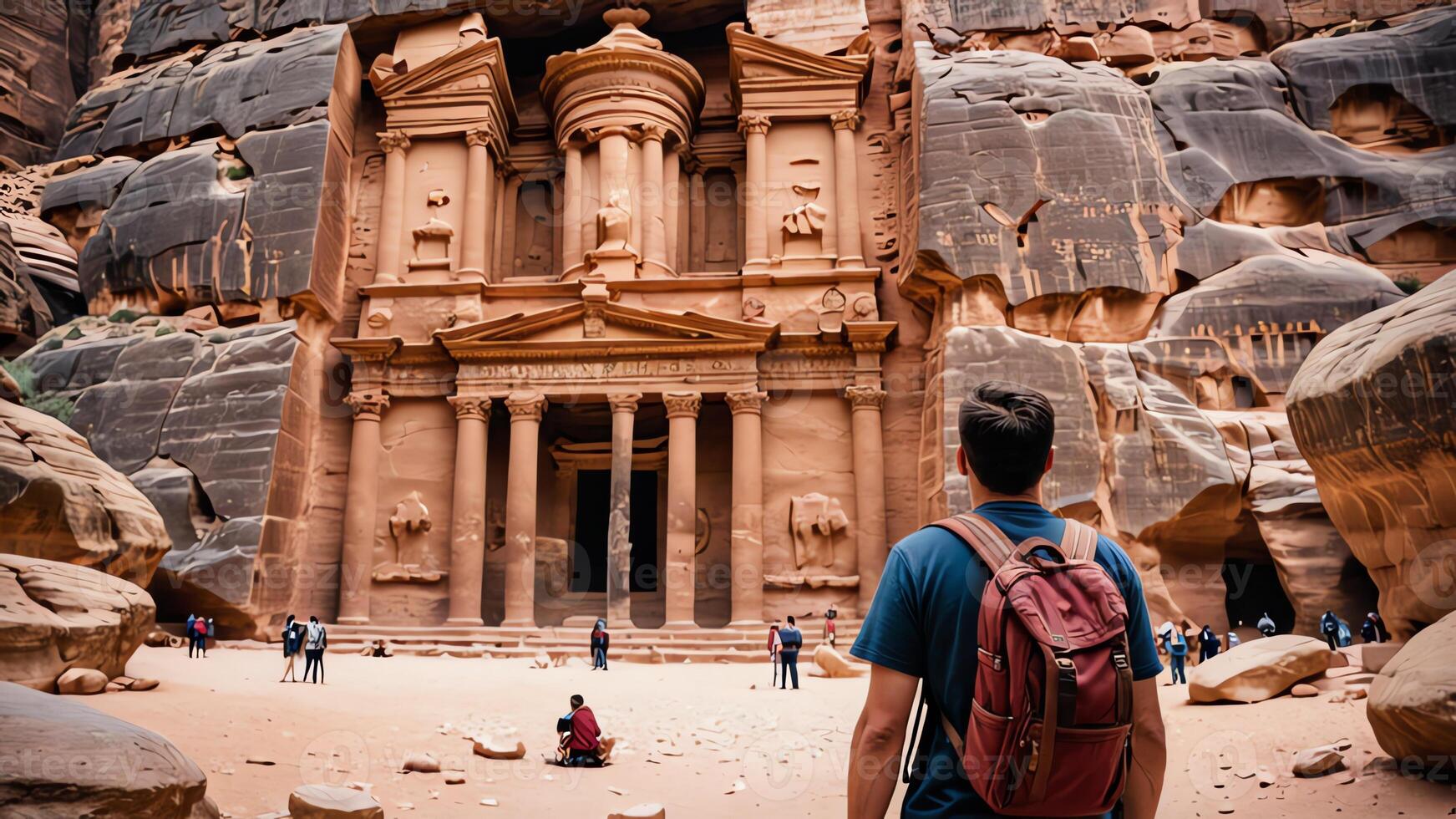 a man with a backpack standing in front of petra ancient photo