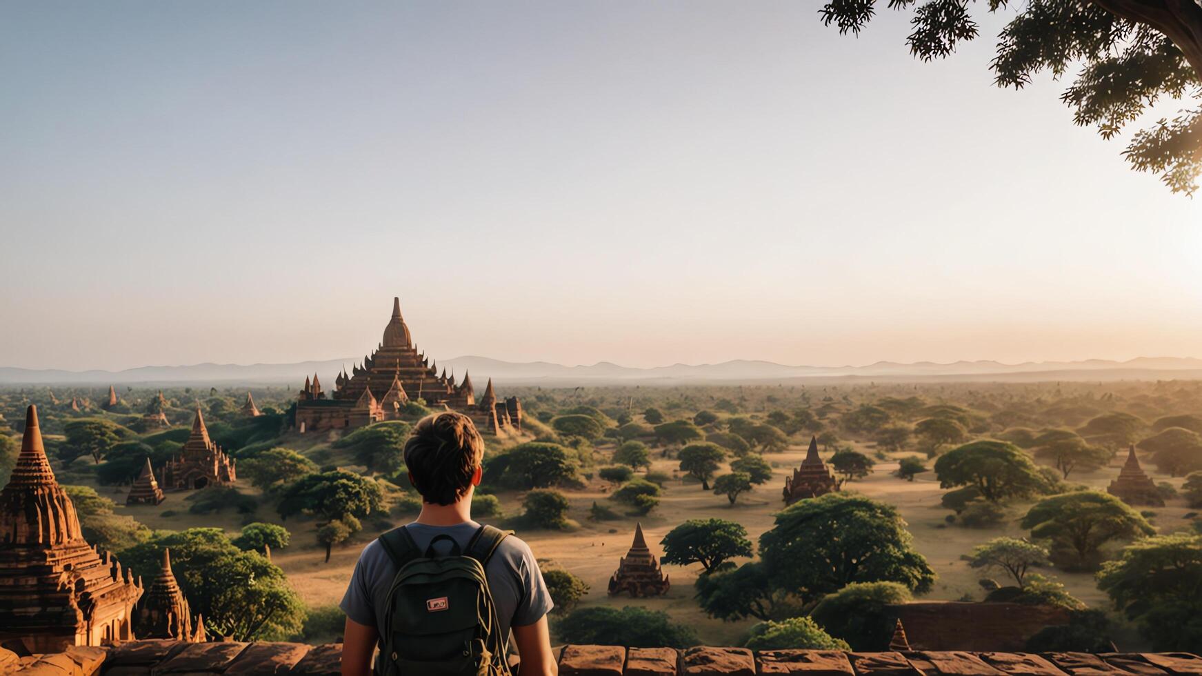 man looking at temples in bagan, myanmar photo