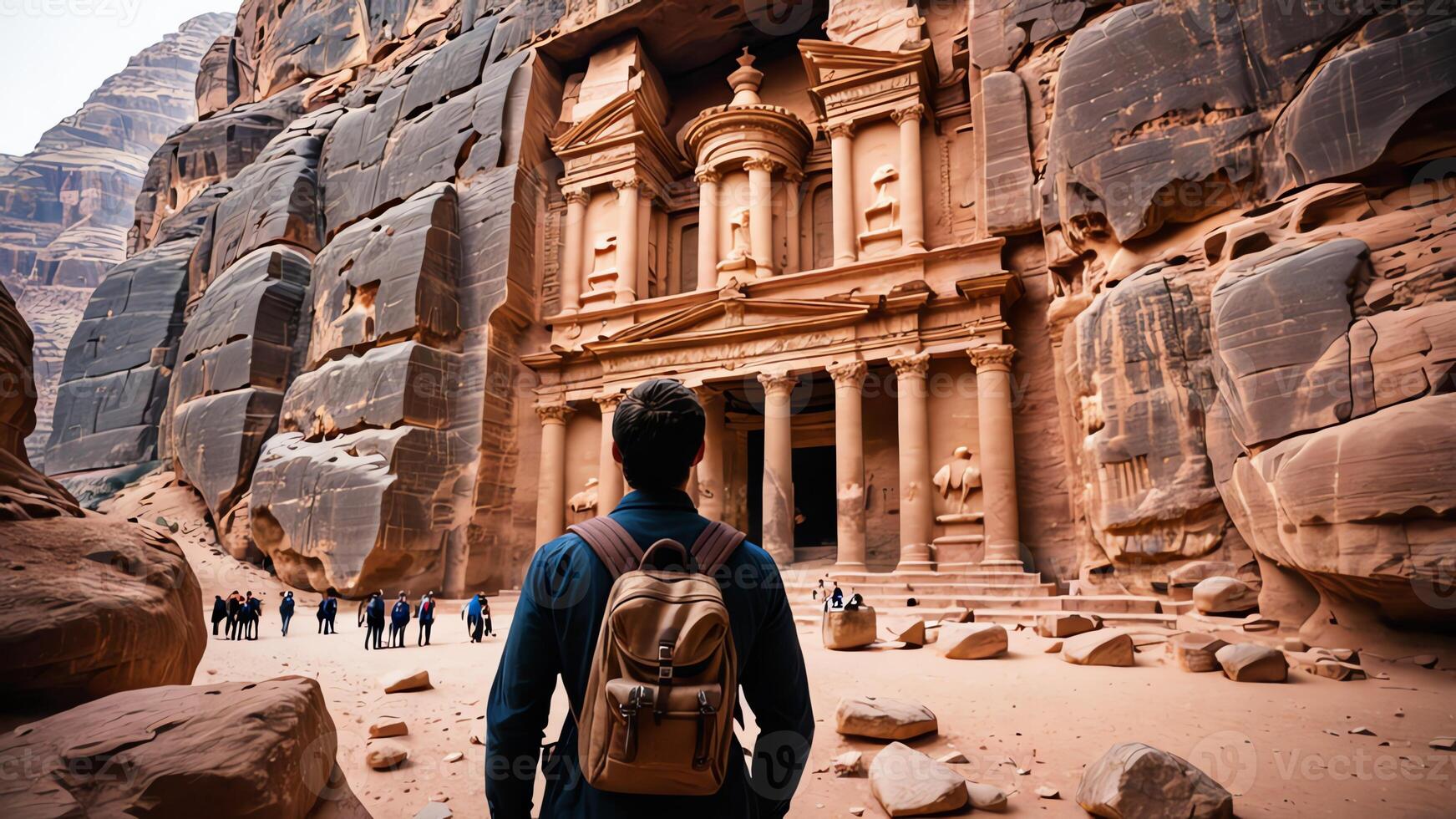 a man with a backpack standing in front of petra ancient photo