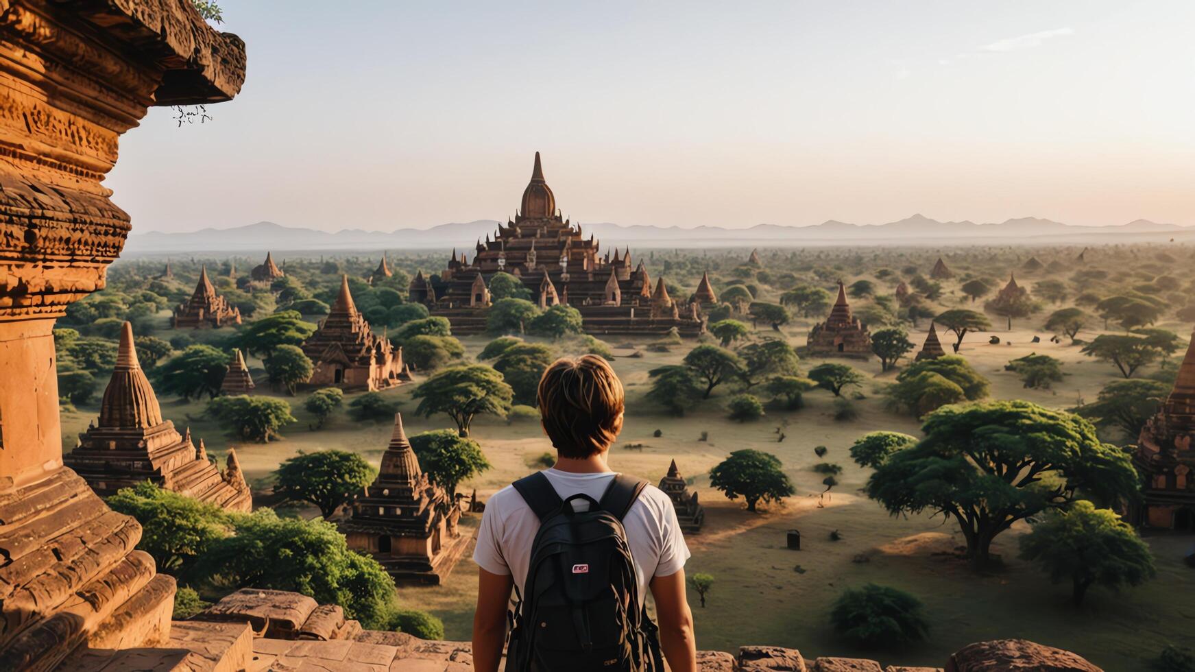 man looking at temples in bagan, myanmar photo