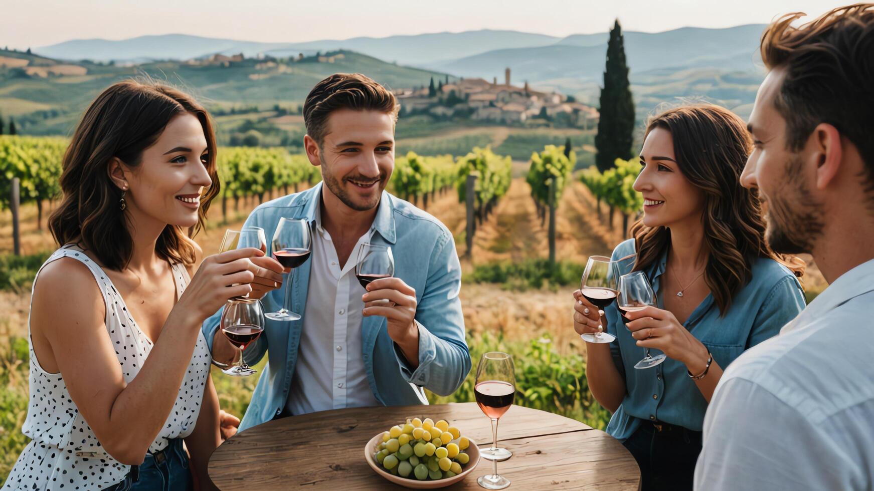 friends enjoying wine in the countryside photo