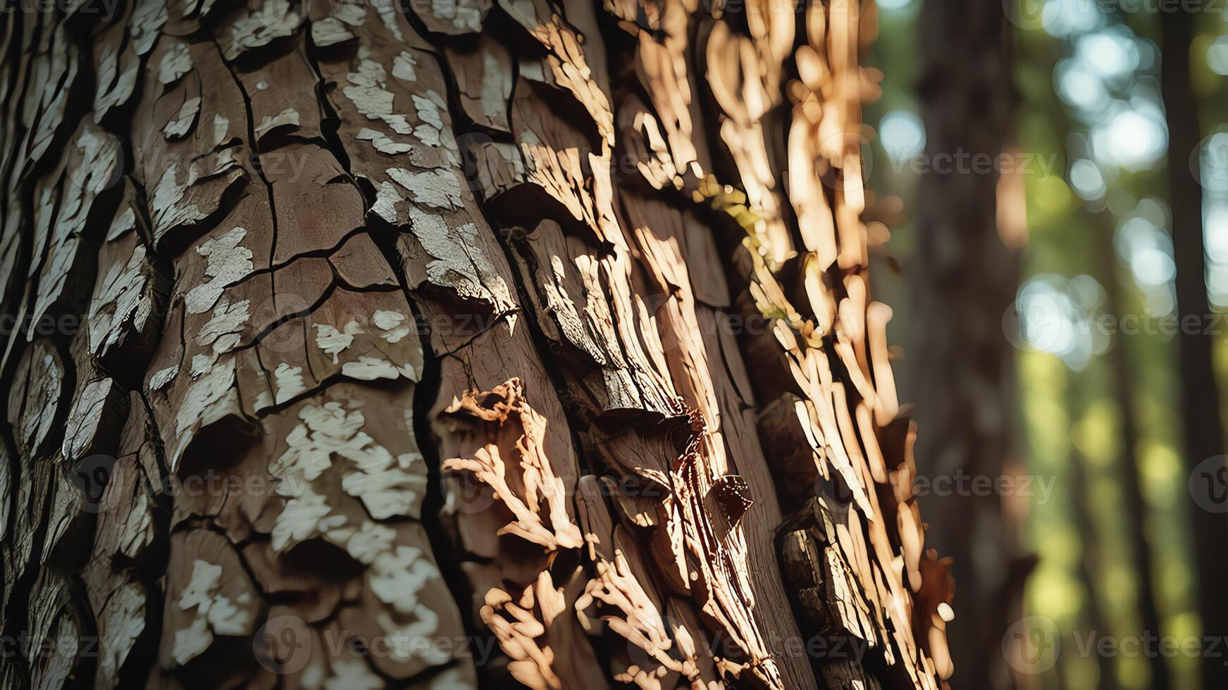 a close up of a tree trunk with sun shining through photo