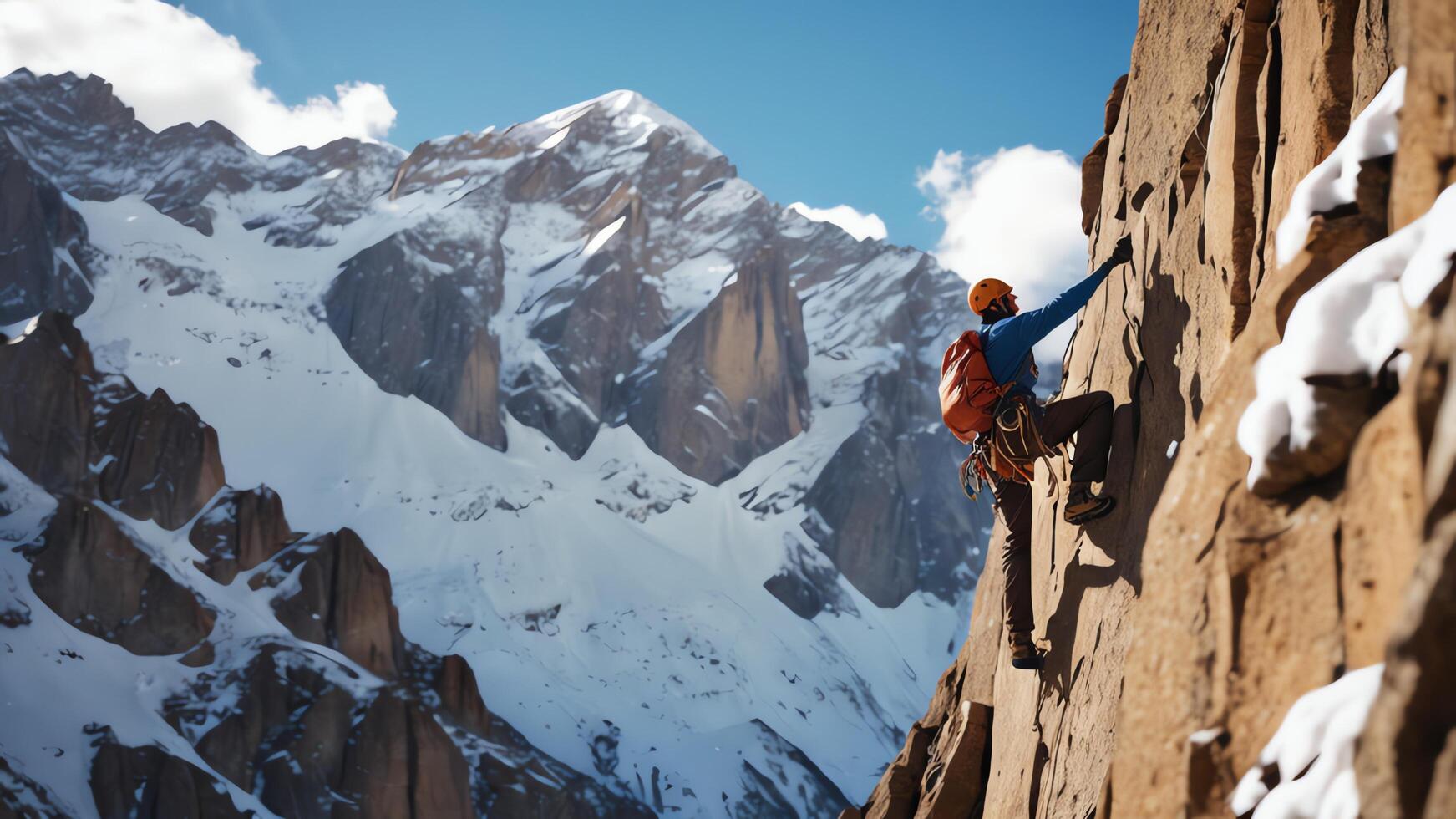 rock climbers are climbing a snow cliff, with a snow mountain landscape photo