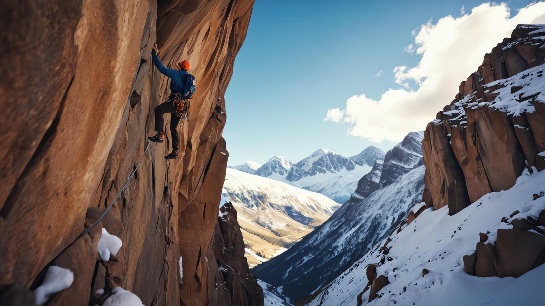 rock climbers are climbing a snow cliff, with a snow mountain landscape photo
